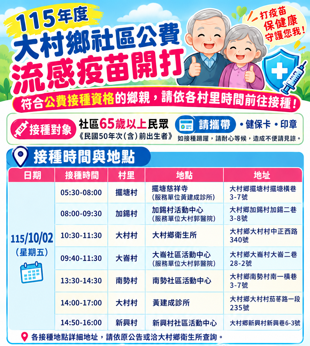 115年大村社區公費流感接種10月2日起(日程表)服務社區長者就近接種.宣傳圖片